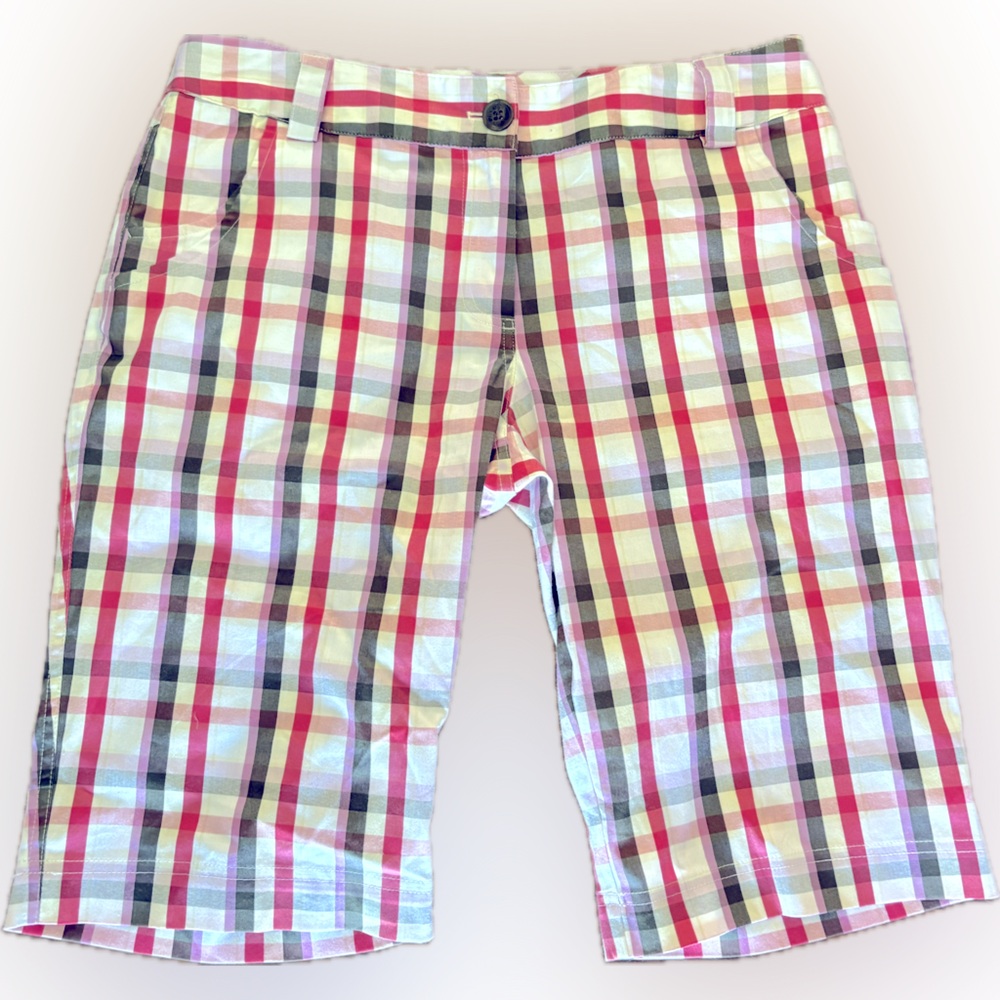 Lija Plaid Women’s Pink White Gray Bermuda Golf Shorts Size 8